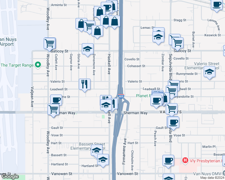 map of restaurants, bars, coffee shops, grocery stores, and more near 7356 Haskell Avenue in Los Angeles