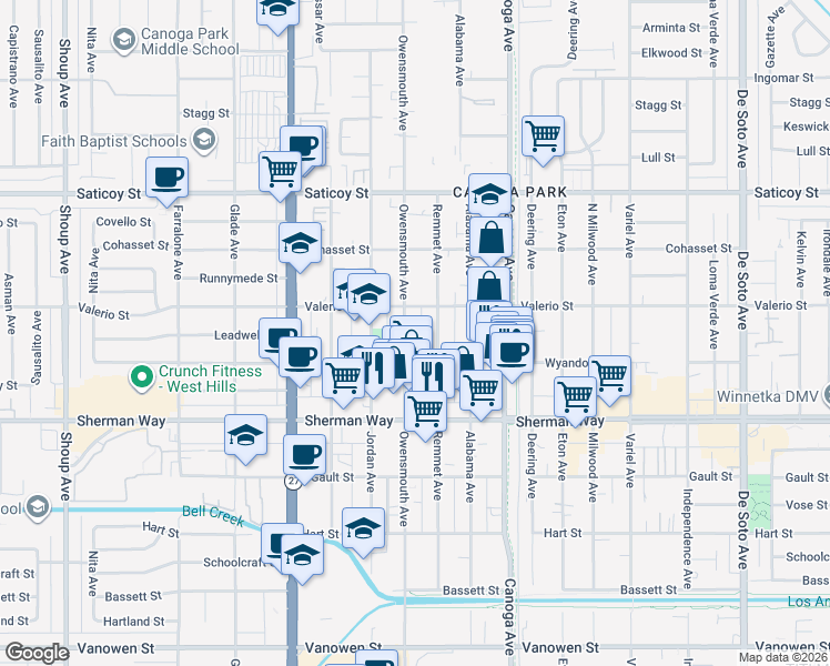 map of restaurants, bars, coffee shops, grocery stores, and more near 7359 Remmet Avenue in Los Angeles