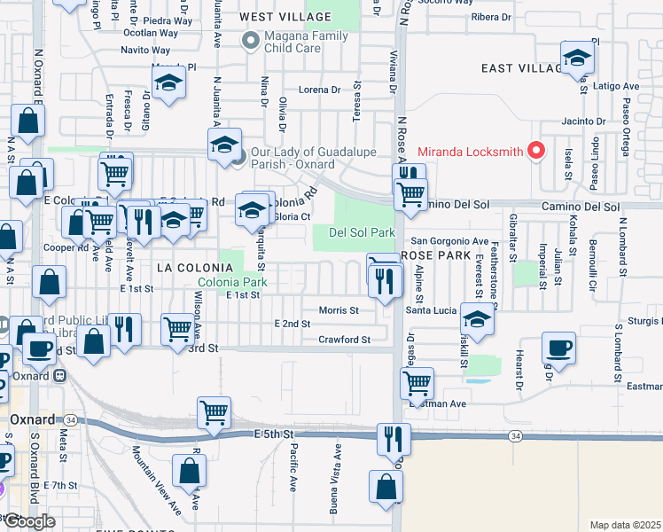 map of restaurants, bars, coffee shops, grocery stores, and more near 135 Carmelita Court in Oxnard