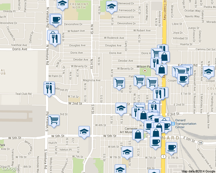 map of restaurants, bars, coffee shops, grocery stores, and more near 219 North F Street in Oxnard