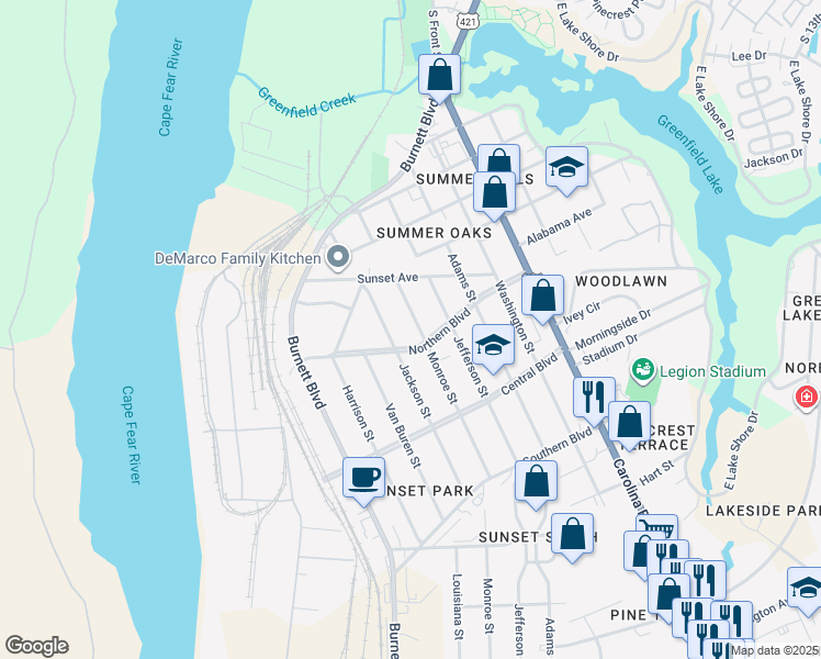 map of restaurants, bars, coffee shops, grocery stores, and more near 1928 Monroe Street in Wilmington