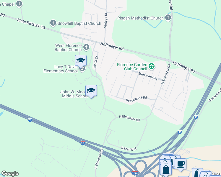 map of restaurants, bars, coffee shops, grocery stores, and more near 353 Wrenfield Road in Florence