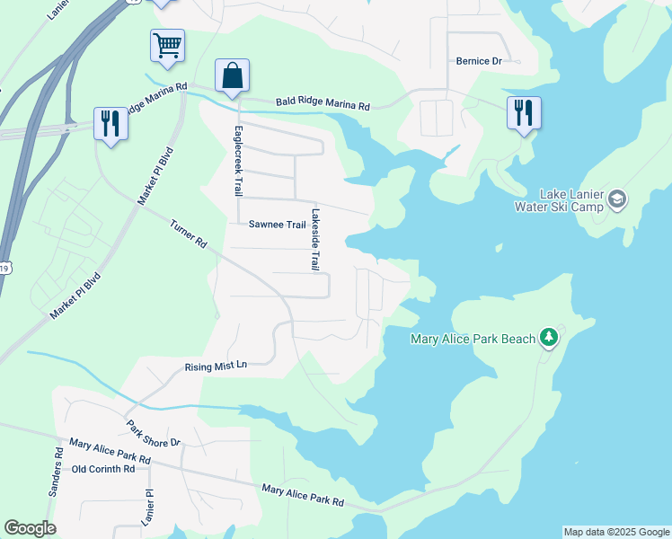 map of restaurants, bars, coffee shops, grocery stores, and more near 2655 Lakeside Trail in Cumming