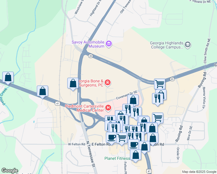 map of restaurants, bars, coffee shops, grocery stores, and more near 15 Medical Drive Northeast in Cartersville