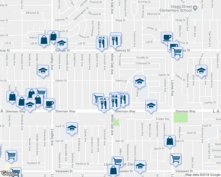 map of restaurants, bars, coffee shops, grocery stores, and more near 7329 White Oak Avenue in Los Angeles