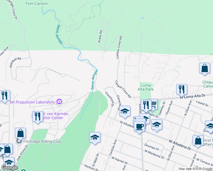 map of restaurants, bars, coffee shops, grocery stores, and more near 3435 Crestford Drive in Altadena