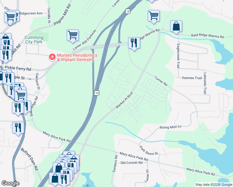 map of restaurants, bars, coffee shops, grocery stores, and more near 1172 Turner Road in Cumming