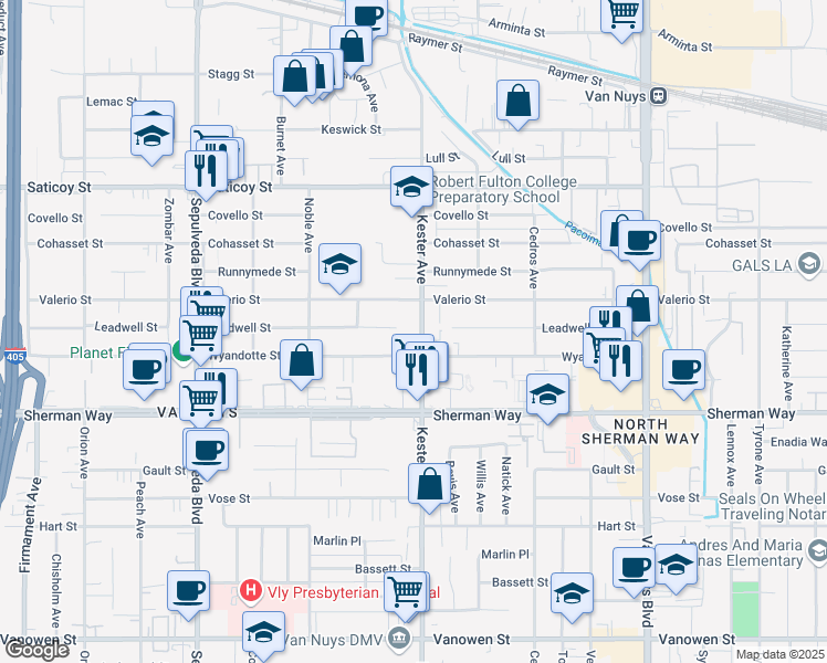 map of restaurants, bars, coffee shops, grocery stores, and more near 7327 Kester Avenue in Los Angeles