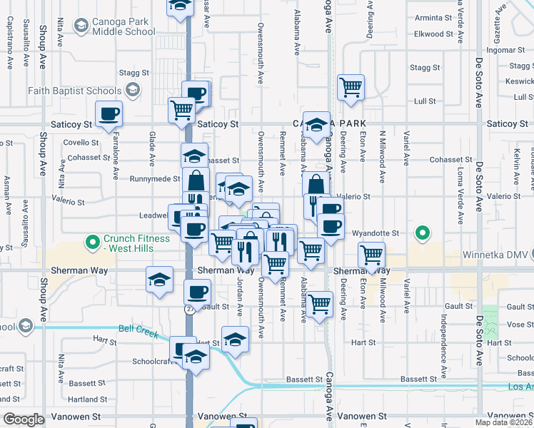map of restaurants, bars, coffee shops, grocery stores, and more near 7334 Owensmouth Avenue in Los Angeles