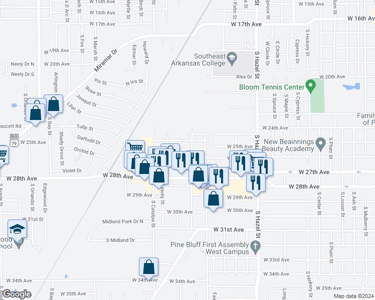 map of restaurants, bars, coffee shops, grocery stores, and more near 2703 West 26th Avenue in Pine Bluff