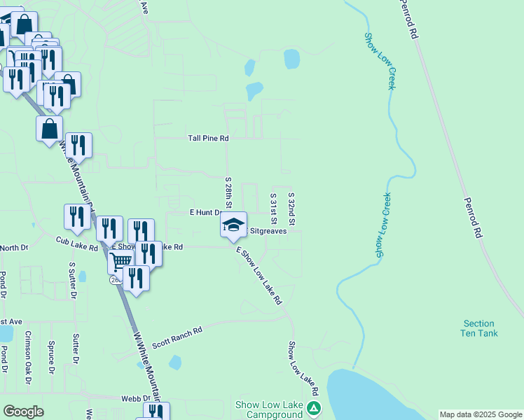 map of restaurants, bars, coffee shops, grocery stores, and more near 4920 South 30th Street in Show Low