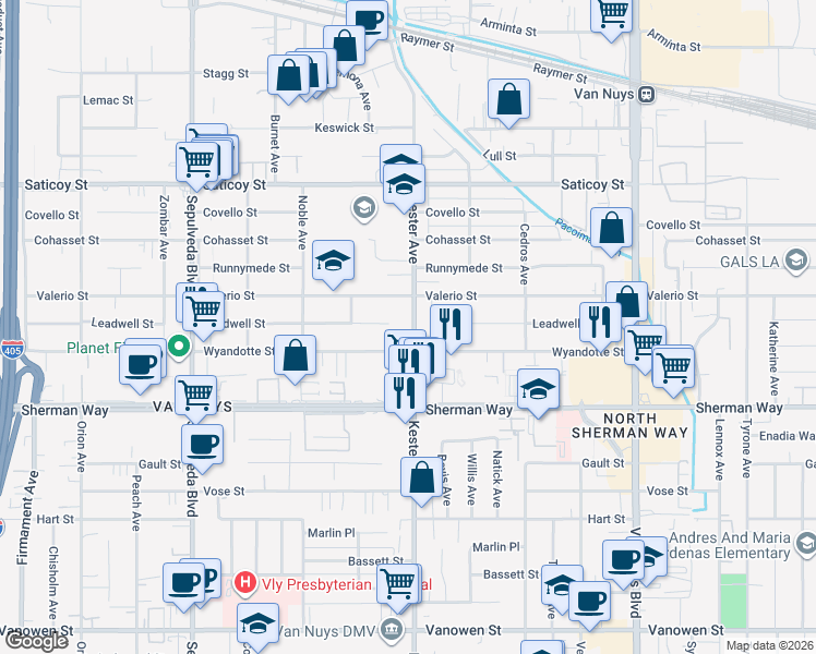 map of restaurants, bars, coffee shops, grocery stores, and more near 7327 Kester Avenue in Los Angeles