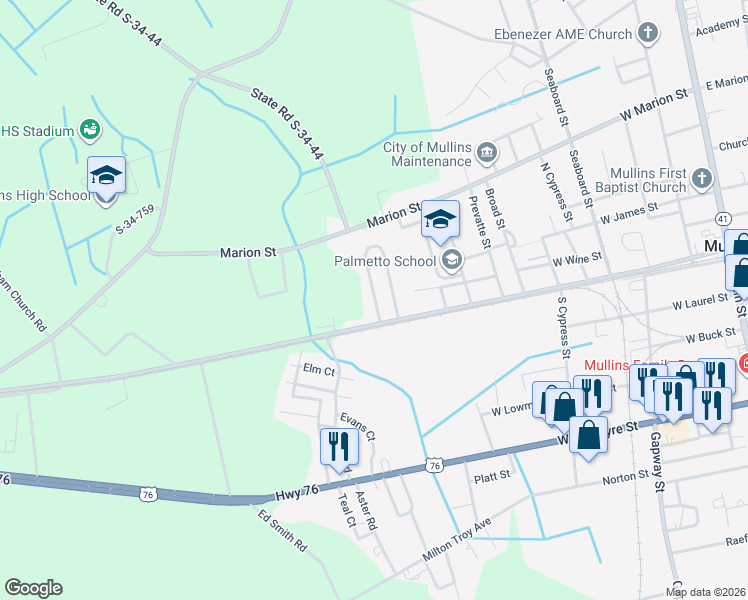 map of restaurants, bars, coffee shops, grocery stores, and more near 4315 Bayou Village Loop in Mullins