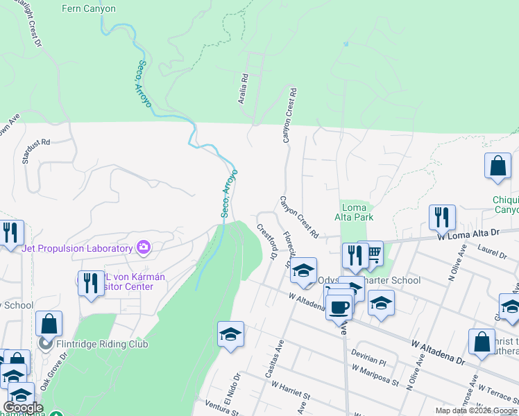 map of restaurants, bars, coffee shops, grocery stores, and more near 3435 Crestford Drive in Altadena