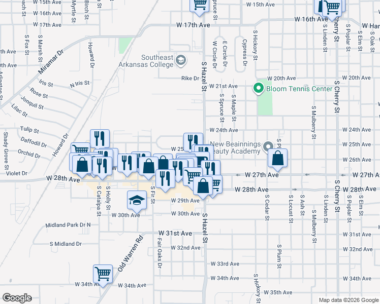 map of restaurants, bars, coffee shops, grocery stores, and more near 2406 West 24th Avenue in Pine Bluff