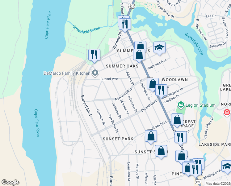 map of restaurants, bars, coffee shops, grocery stores, and more near 1928 Monroe Street in Wilmington