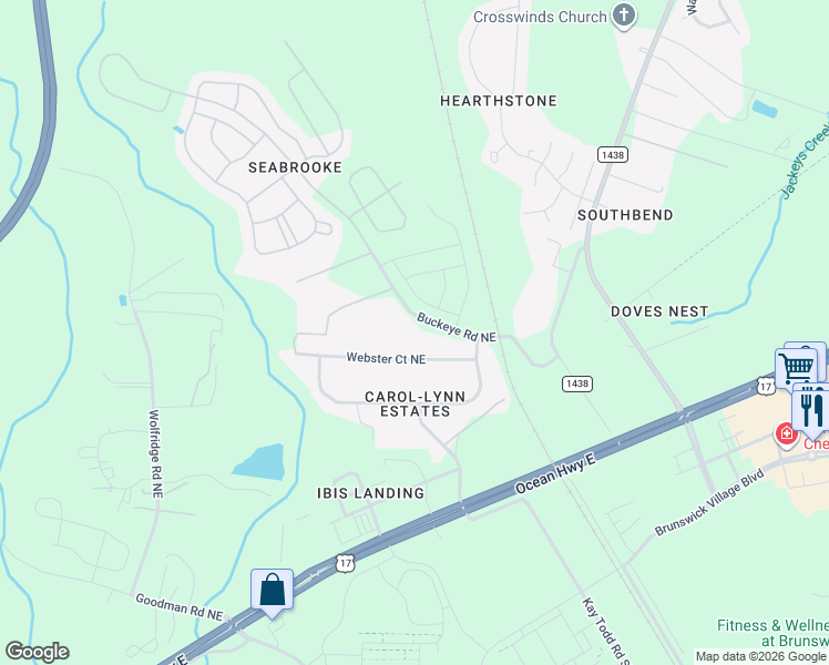 map of restaurants, bars, coffee shops, grocery stores, and more near 249 Buckeye Road Northeast in Leland