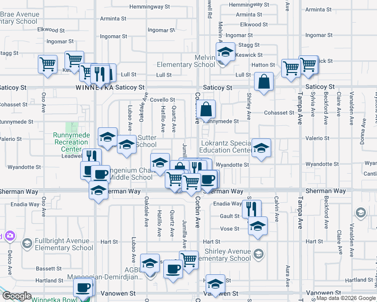 map of restaurants, bars, coffee shops, grocery stores, and more near 7330 Jumilla Avenue in Los Angeles