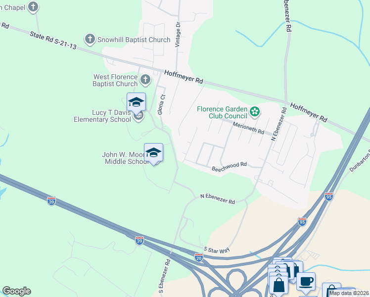 map of restaurants, bars, coffee shops, grocery stores, and more near 353 Wrenfield Road in Florence