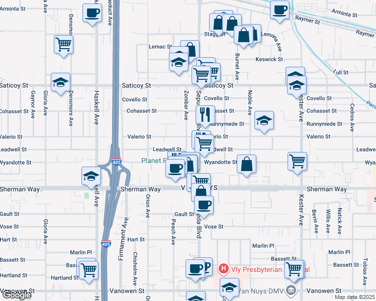 map of restaurants, bars, coffee shops, grocery stores, and more near 7357 Sepulveda Boulevard in Los Angeles