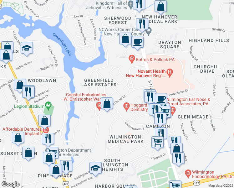 map of restaurants, bars, coffee shops, grocery stores, and more near 2232 Yaupon Drive in Wilmington