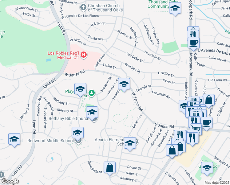 map of restaurants, bars, coffee shops, grocery stores, and more near 1877 Hendrix Avenue in Thousand Oaks