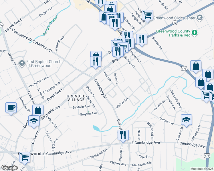 map of restaurants, bars, coffee shops, grocery stores, and more near 112 Spring Valley Road in Greenwood