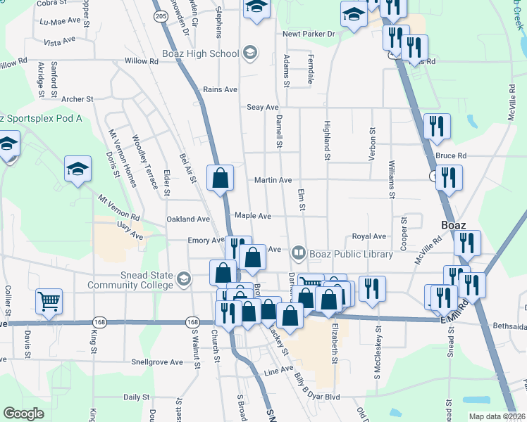 map of restaurants, bars, coffee shops, grocery stores, and more near 512 Darnell Street in Boaz
