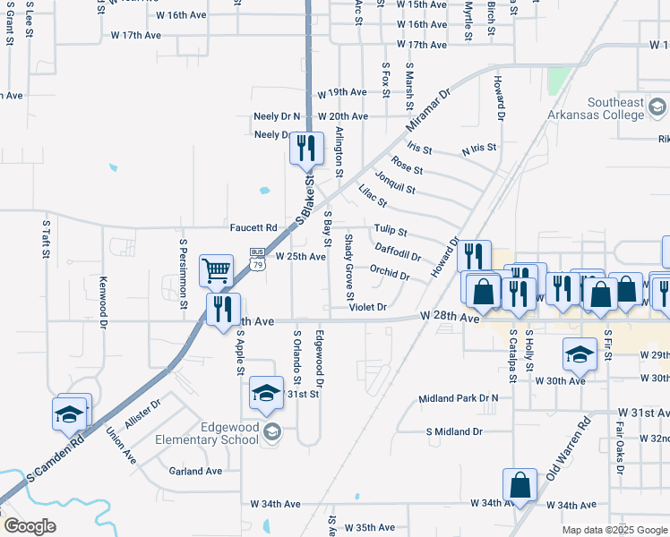 map of restaurants, bars, coffee shops, grocery stores, and more near 2608 Shady Grove Street in Pine Bluff
