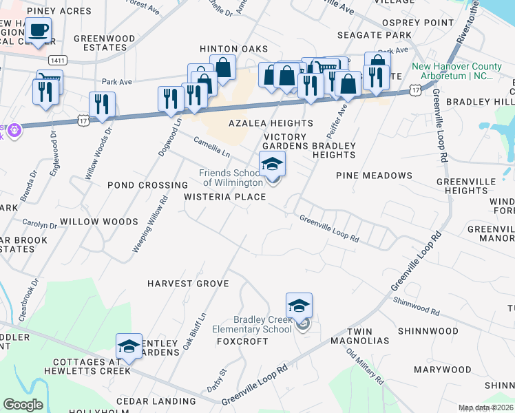map of restaurants, bars, coffee shops, grocery stores, and more near 5829 Gardenia Lane in Wilmington