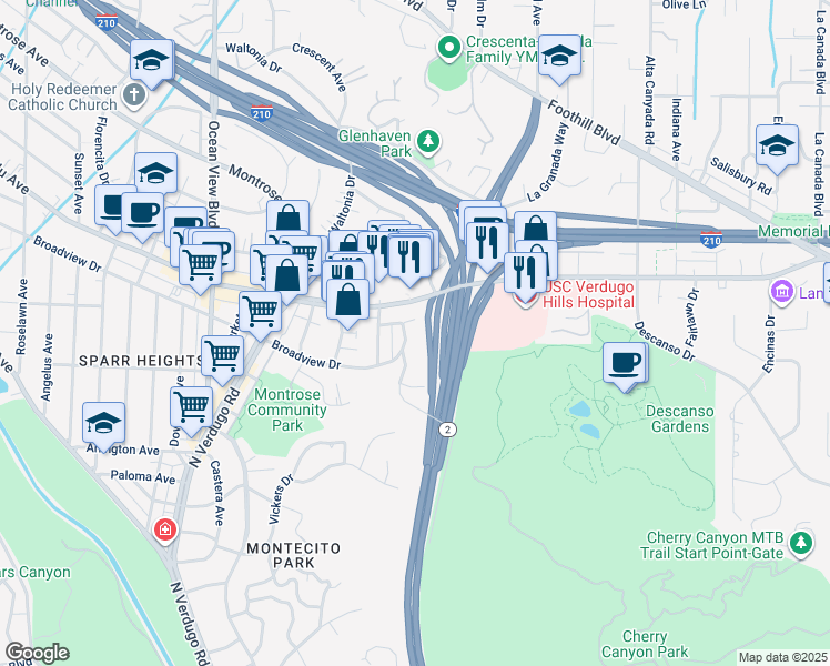 map of restaurants, bars, coffee shops, grocery stores, and more near in Glendale