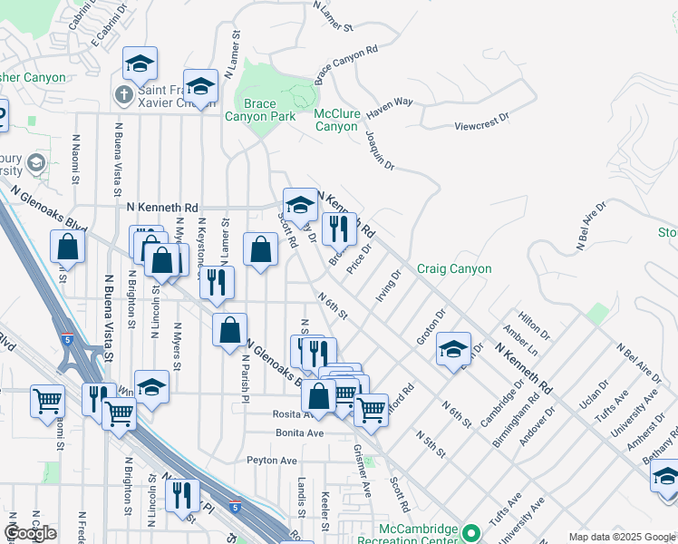 map of restaurants, bars, coffee shops, grocery stores, and more near 638 Brown Drive in Burbank