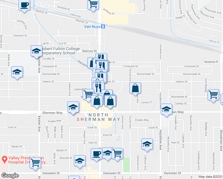 map of restaurants, bars, coffee shops, grocery stores, and more near 14420 Valerio Street in Los Angeles