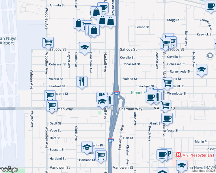 map of restaurants, bars, coffee shops, grocery stores, and more near 7356 Haskell Avenue in Los Angeles