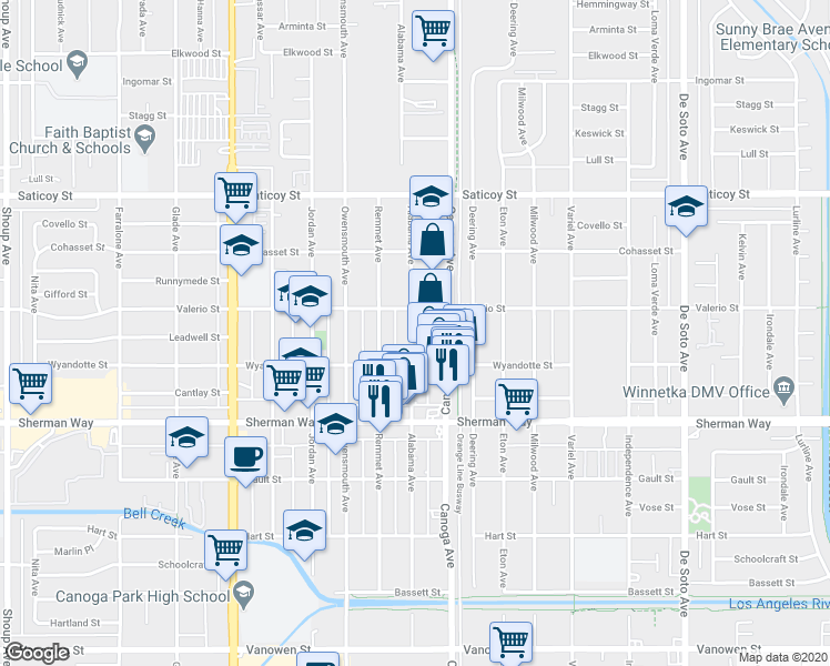 map of restaurants, bars, coffee shops, grocery stores, and more near 7358 Alabama Avenue in Los Angeles