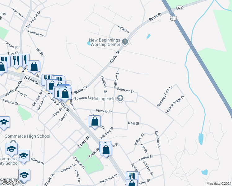 map of restaurants, bars, coffee shops, grocery stores, and more near 800 Belmont Street in Commerce