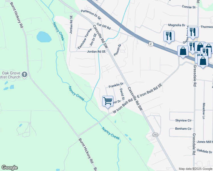 map of restaurants, bars, coffee shops, grocery stores, and more near 24 Franklin Drive in Cartersville
