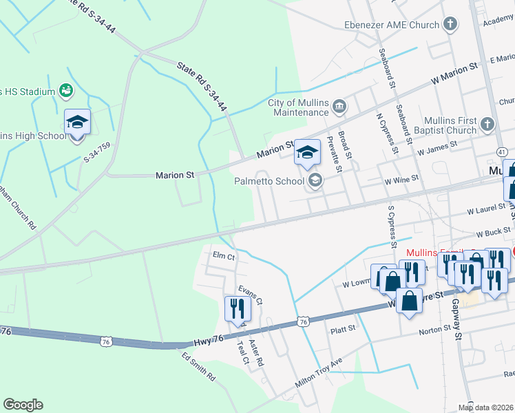 map of restaurants, bars, coffee shops, grocery stores, and more near 4315 Bayou Village Loop in Mullins