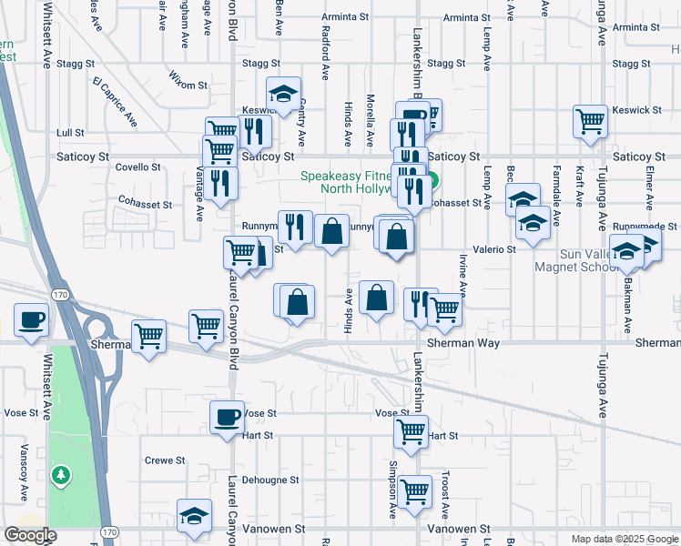 map of restaurants, bars, coffee shops, grocery stores, and more near 7352 Radford Avenue in Los Angeles
