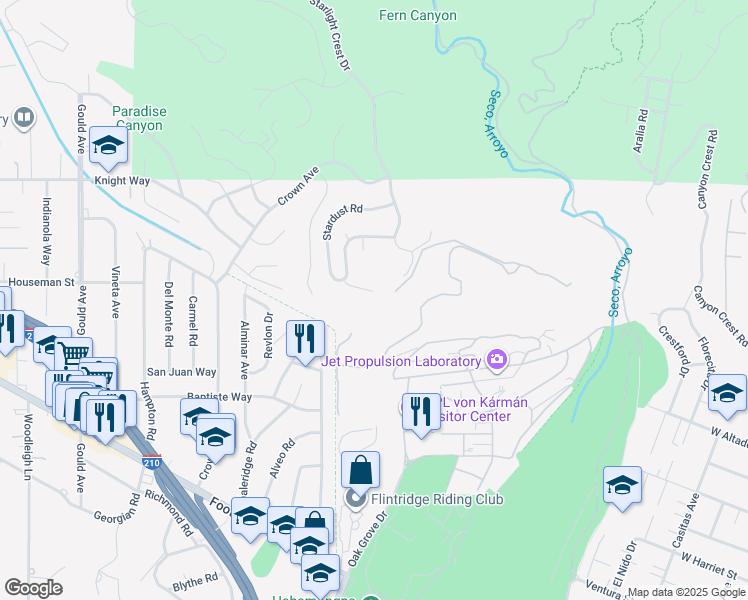 map of restaurants, bars, coffee shops, grocery stores, and more near 5201 Starlight Mesa Lane in La Cañada Flintridge