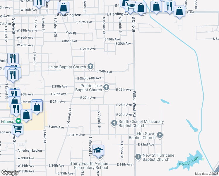 map of restaurants, bars, coffee shops, grocery stores, and more near 1105 East 26th Avenue in Pine Bluff