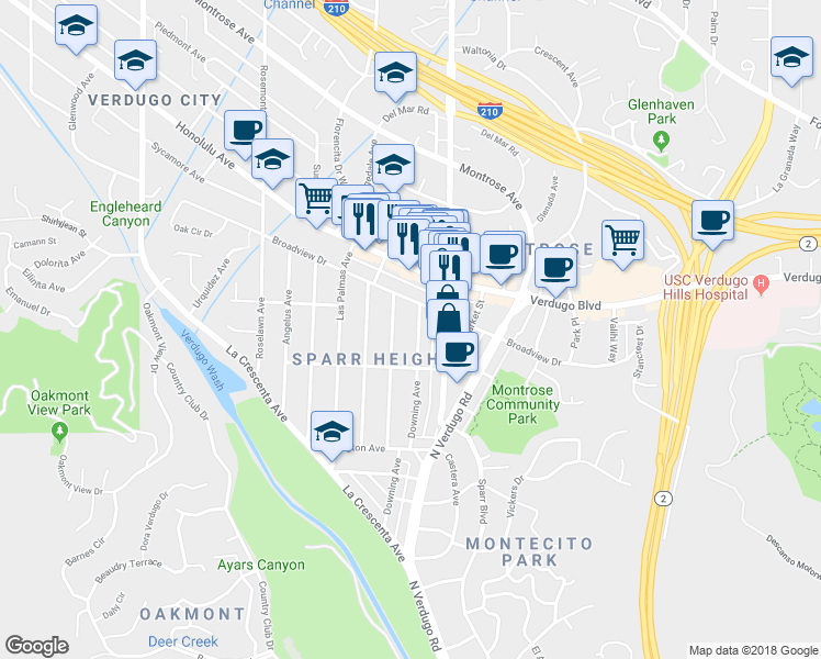 map of restaurants, bars, coffee shops, grocery stores, and more near 3533 Downing Avenue in Glendale