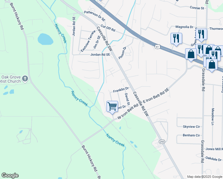 map of restaurants, bars, coffee shops, grocery stores, and more near 24 Franklin Drive in Cartersville