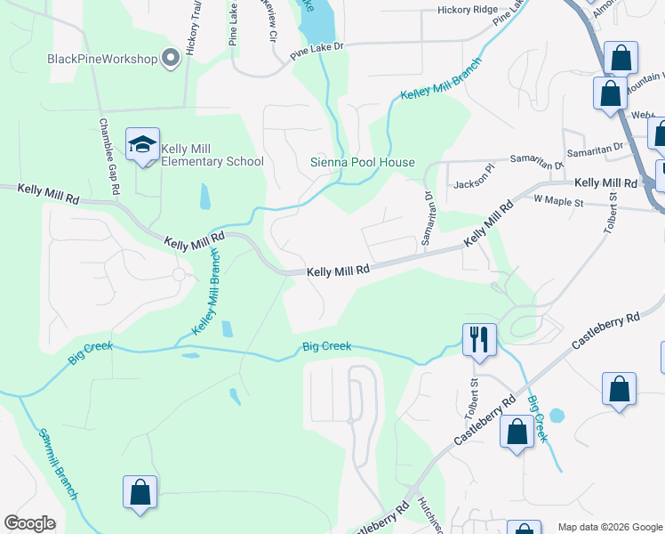 map of restaurants, bars, coffee shops, grocery stores, and more near 529 Kelly Mill Road in Cumming
