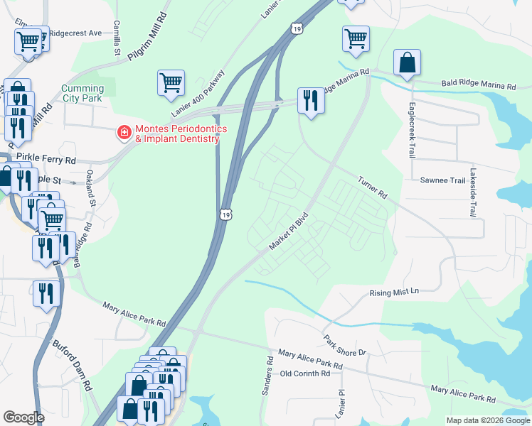 map of restaurants, bars, coffee shops, grocery stores, and more near 1172 Turner Road in Cumming
