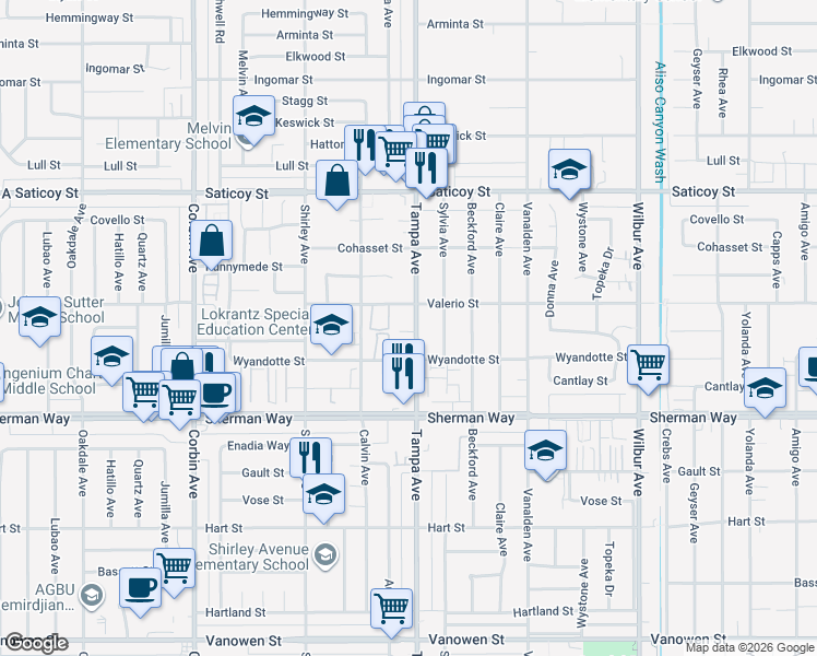 map of restaurants, bars, coffee shops, grocery stores, and more near 7331 1/2 Tampa Avenue in Los Angeles