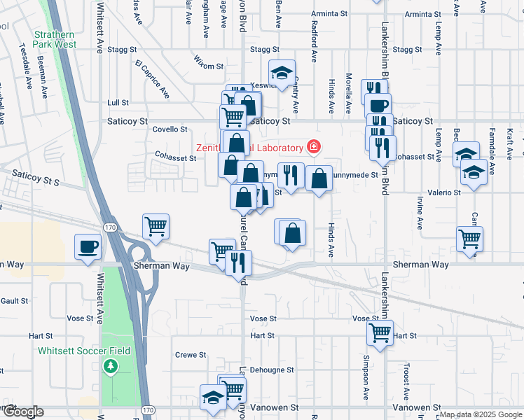 map of restaurants, bars, coffee shops, grocery stores, and more near 7334 Laurel Canyon Boulevard in Los Angeles