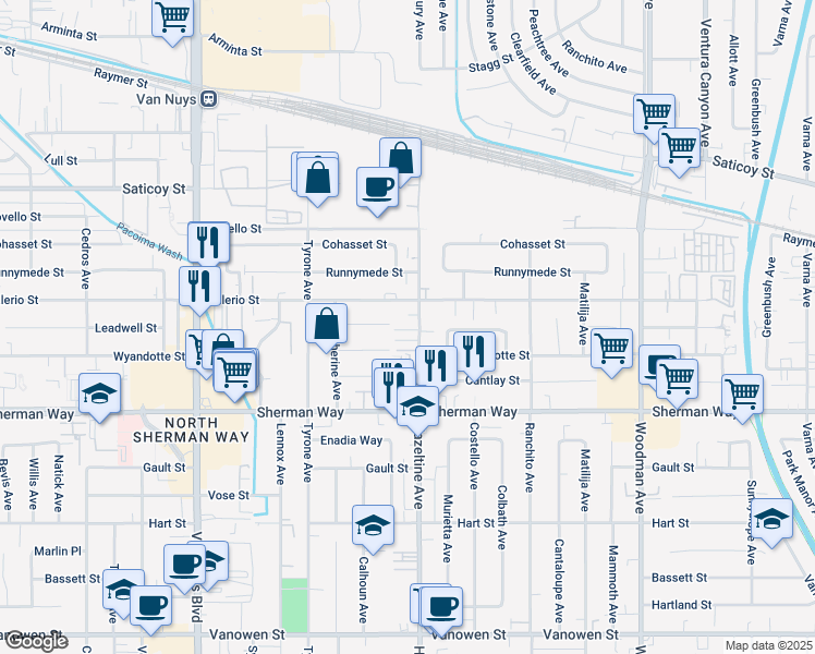 map of restaurants, bars, coffee shops, grocery stores, and more near 14111 West Monroe Place in Los Angeles