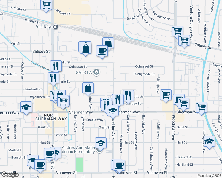 map of restaurants, bars, coffee shops, grocery stores, and more near 7357 Hazeltine Avenue in Los Angeles