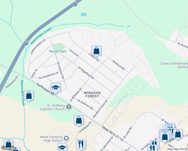 map of restaurants, bars, coffee shops, grocery stores, and more near 2545 West Edgefield Road in Florence